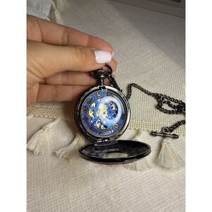 ⏱️ Skeleton‎ Pocket Watch with Blue Roman Dial – Mechanical Wind-Up